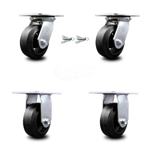 5 Inch Rubber on Steel Caster Set with Ball Bearing 2 Swivel Lock and 2 Rigid